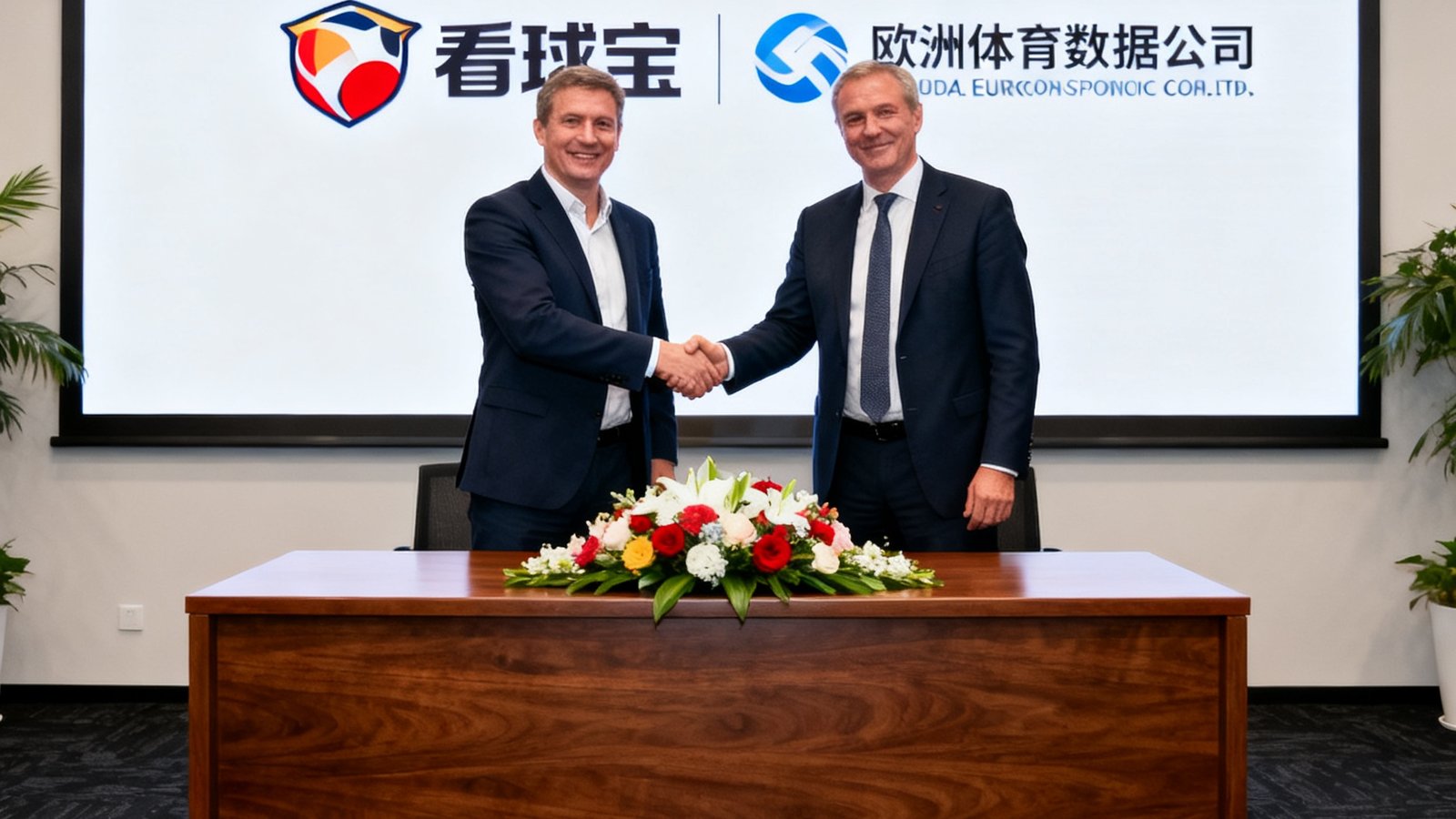 看球宝代表与欧洲体育数据公司在签约仪式上握手，背景显示双方Logo，现场布置庄重
